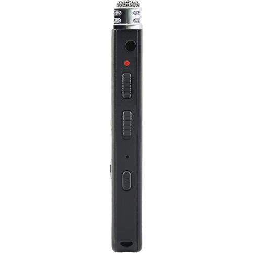 Enregistreur numérique noir avec microphone argenté et voyant rouge.