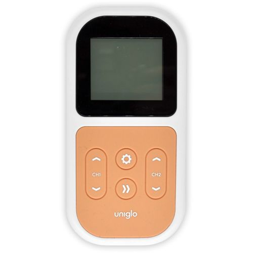 Ein weißer Fernbedienungs-Controller mit einem schwarzen Bildschirm und orangefarbenen Tasten.