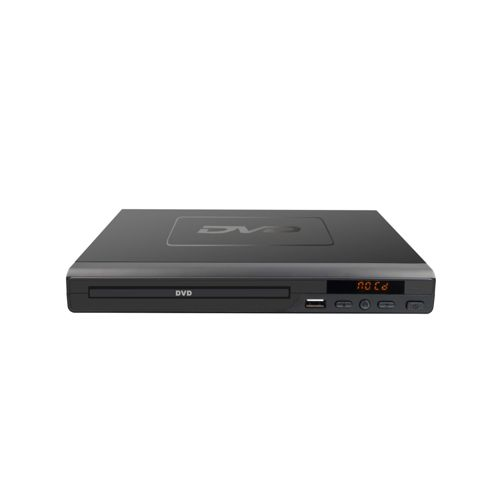 Ein schwarzer DVD-Player mit einem USB-Anschluss und einem kleinen Bildschirm.