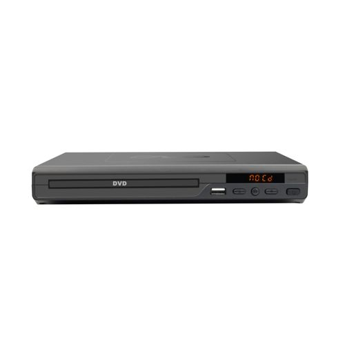 Ein grauer DVD-Player mit einer Schublade und einem Display.