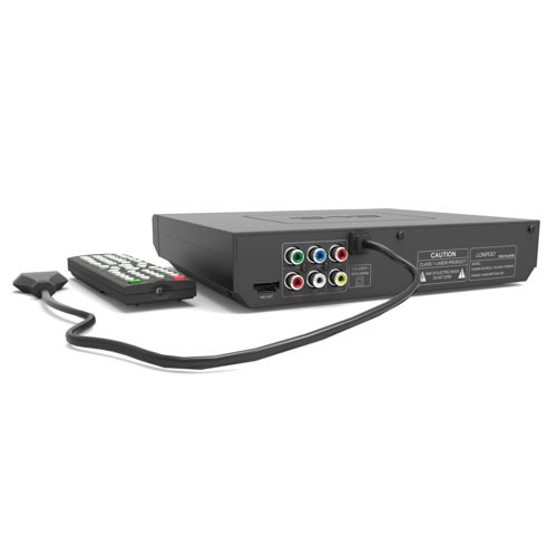 Ein schwarzer DVD-Player mit Fernbedienung und Kabeln.