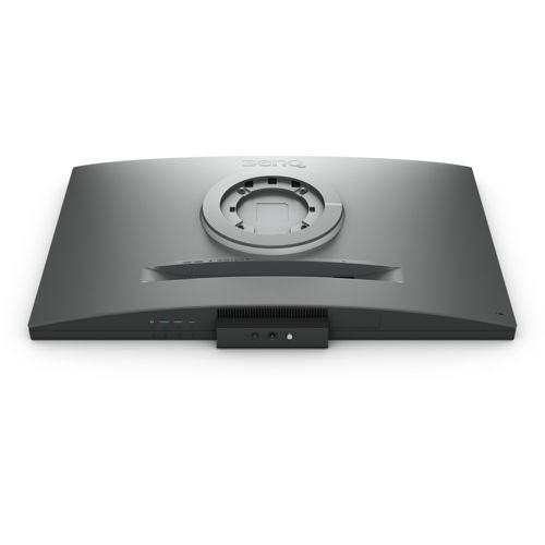 Back view of a grey monitor featuring a VESA mount and ports.