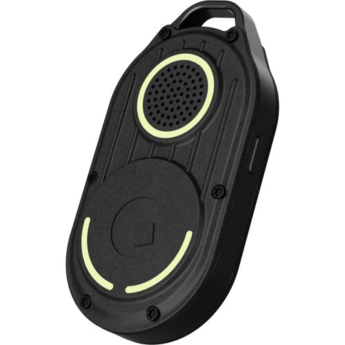 Black Bluetooth speaker with yellow accents and a speaker grille.