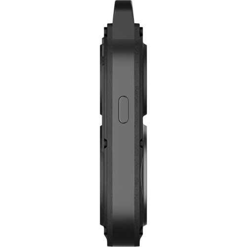 Black rugged case with a side button, viewed from the side.