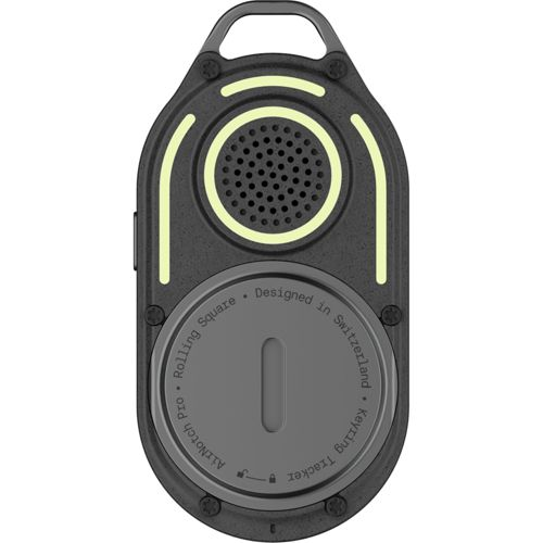 Black keyring tracker with speaker and luminous rings. Text: AirNotch Pro, Rolling Square, Designed in Switzerland, Keyring Tracker.