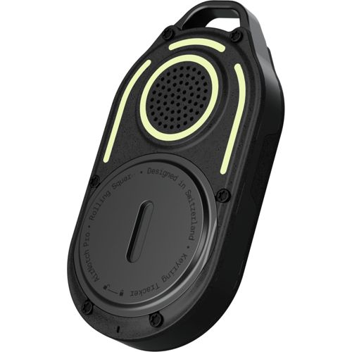 Black keyring tracker with glowing accents and speaker grille.