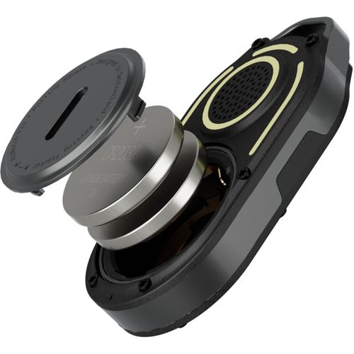 A black device with its cover removed, showing two batteries.