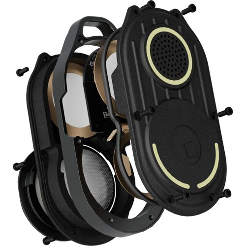 Exploded view of a black speaker showing exposed internal components.