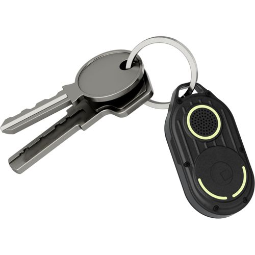 Two silver keys and a black fob with luminous accents on a ring.