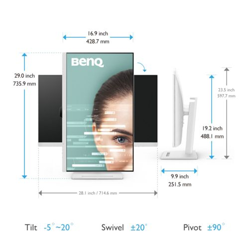 Diagram shows a BenQ monitor with dimensions and adjustment options.