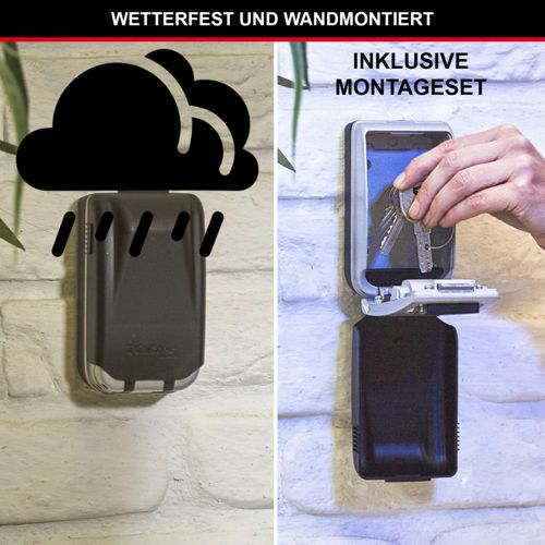 Caja fuerte de llaves impermeable en pared, mostrando protección contra lluvia y llaves.