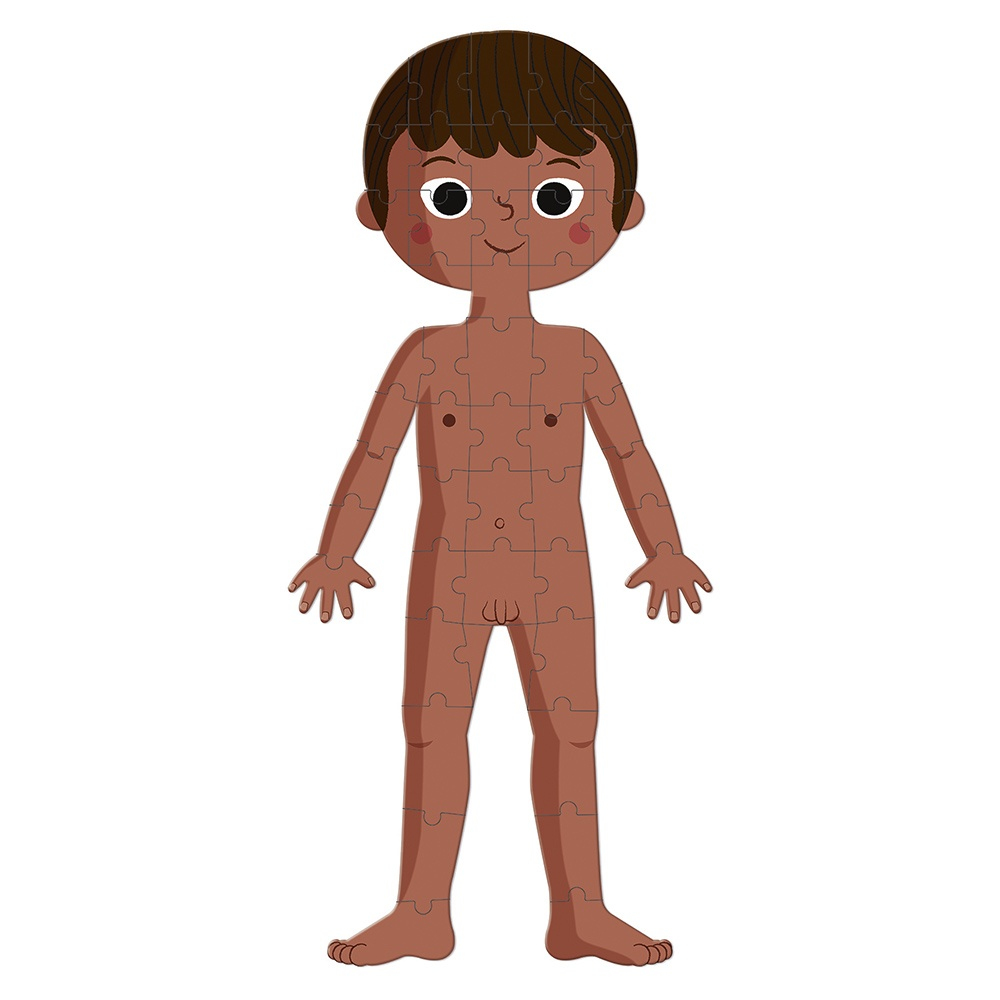 Eine braune Puzzle-Figur eines Jungen steht vor einem weißen Hintergrund.