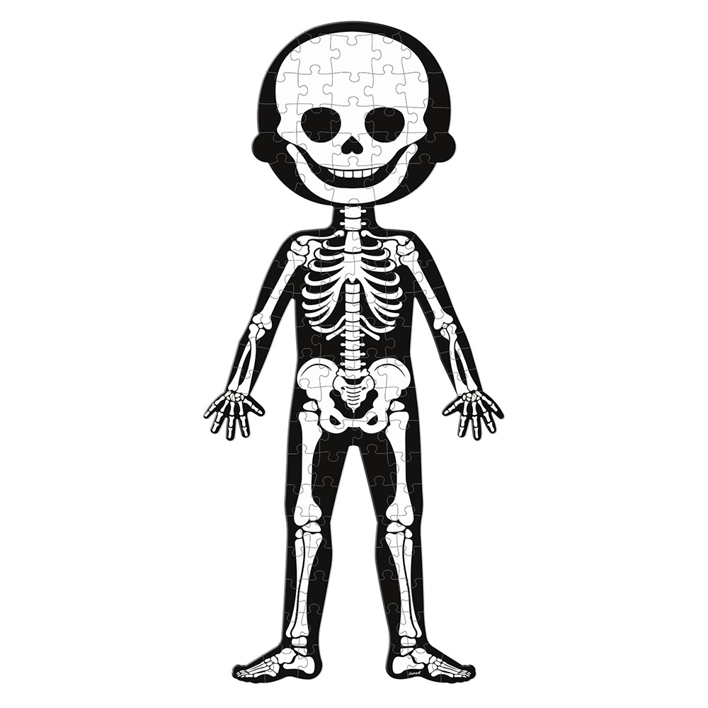 Ein Puzzle eines Skeletts mit einem grinsenden Gesicht auf weißem Hintergrund.
