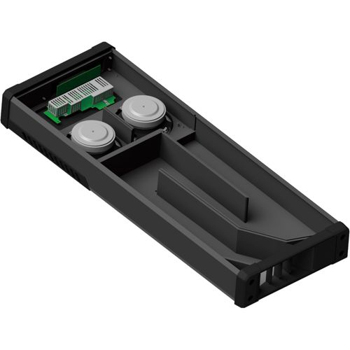 Schwarzes Gehäuse für elektronische Geräte mit sichtbaren Komponenten.