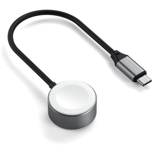 Un caricatore USB-C grigio per Apple Watch con cavo intrecciato nero.