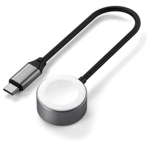 Adattatore di ricarica USB-C grigio per smartwatch con cavo intrecciato nero.