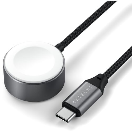 Un disco di ricarica grigio con superficie magnetica bianca e cavo USB-C intrecciato nero.