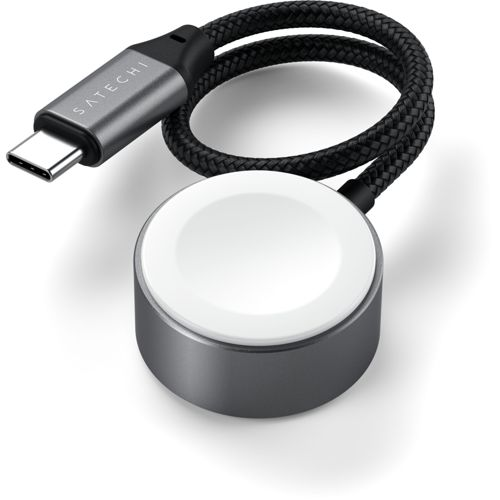 Adattatore di ricarica grigio con connettore USB-C e disco di ricarica bianco.
