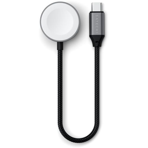 Un caricabatterie rotondo bianco per Apple Watch con cavo USB-C nero intrecciato.