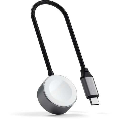 Supporto di ricarica grigio con cavo nero e connettore USB-C.