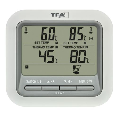 Digitales Thermometer mit zwei Fühlern zeigt 60/45 und 85/80 Grad an.