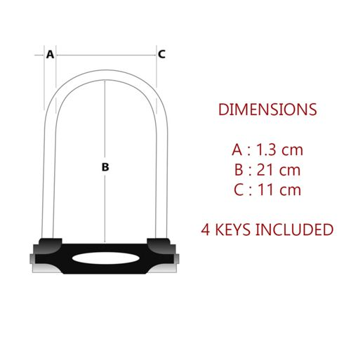 U-Schloss-Diagramm mit Maßen A: 1,3cm, B: 21cm, C: 11cm. 4 Schlüssel enthalten.