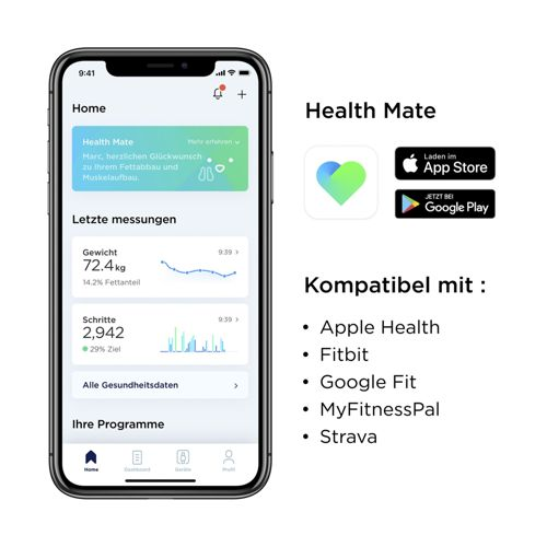 La app Health Mate muestra peso, pasos y datos de salud. Compatible con Apple Health, Fitbit, Google Fit, MyFitnessPal, Strava.