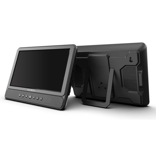 Zwei schwarze tragbare DVD-Player, einer frontal, der andere von hinten mit Ständer.