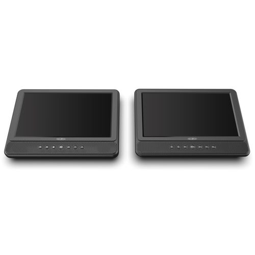 Zwei dunkle, tragbare DVD-Player nebeneinander auf weißem Hintergrund.