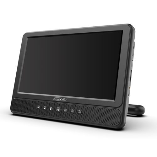 Schwarzer tragbarer DVD-Player mit Ständer und Bedienelementen.