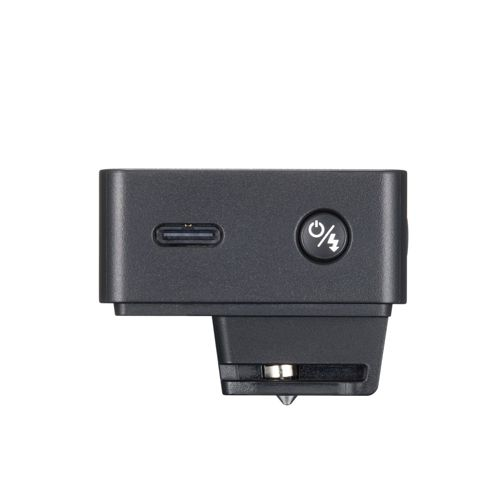Boîtier noir avec port USB-C et bouton d'alimentation avec icône de flash.