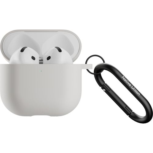 Auricolari bianchi in una custodia di ricarica grigio chiaro con clip a moschettone nera.