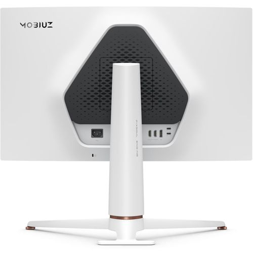 Rear view of a white monitor showing ports and logo.