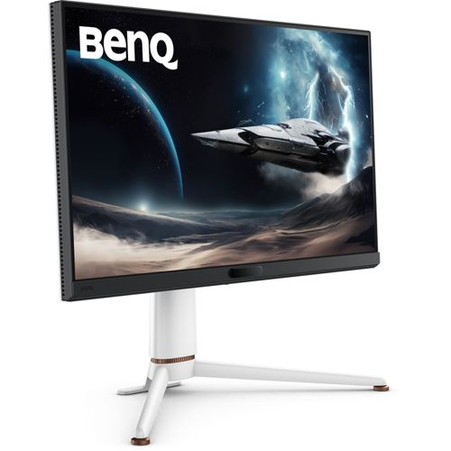A BenQ monitor displays a spaceship before a planet and lightning.