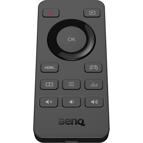 Black remote control with OK button, volume controls, and BenQ logo.