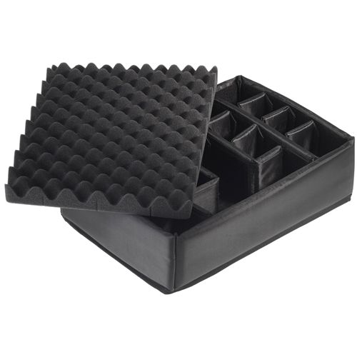 Schwarzer Organizer mit Schaumstoffeinlage und mehreren Fächern.