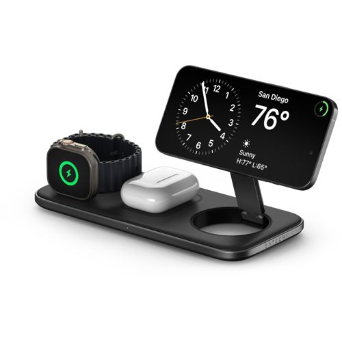 Schwarzer Ladeständer mit iPhone, Apple Watch und AirPods Pro Hülle.