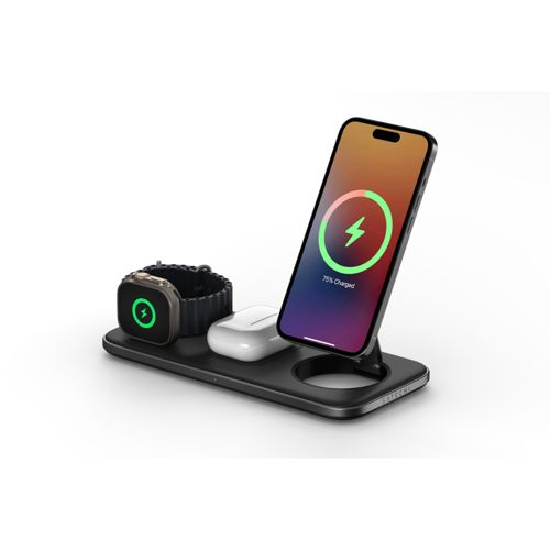 Schwarze Ladestation mit iPhone, Apple Watch und AirPods Pro. iPhone zeigt 75% geladen.
