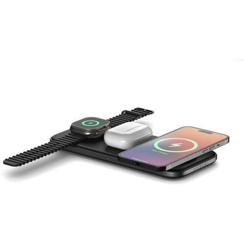 Ein schwarzes Ladegerät mit einer Apple Watch, AirPods und einem iPhone.