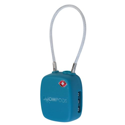 Un lucchetto blu per bagagli con cavo d'argento e logo TSA.