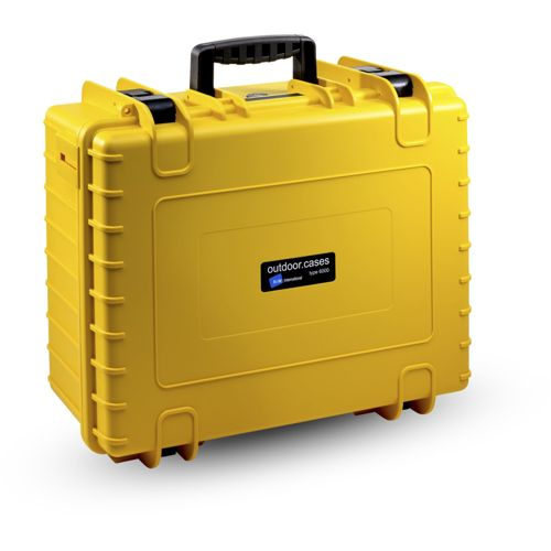 Ein geschlossener gelber Hartschalenkoffer der Marke outdoor.cases mit schwarzem Griff.