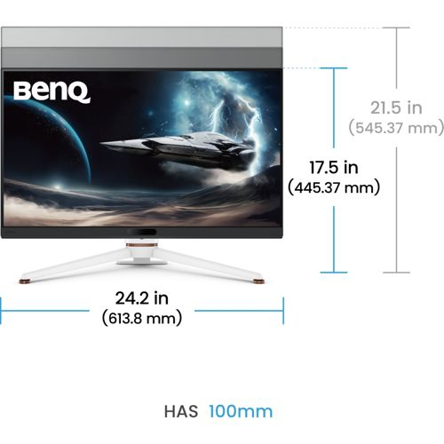 A BenQ monitor displaying a space scene with dimensions.
