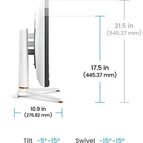 Side view of a white monitor stand with dimensions labeled: 10.9 in width, 17.5 in height.