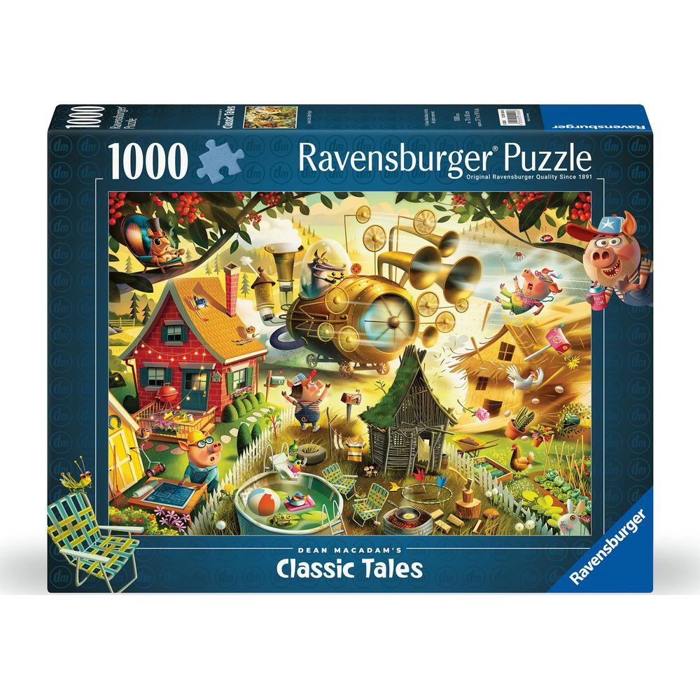 Scatola puzzle Ravensburger da 1000 pezzi con maialini e animali stravaganti in una scena vibrante e fantastica.