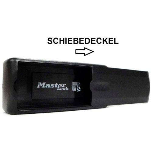 Caja fuerte negra Master Lock con tapa deslizante y flecha.