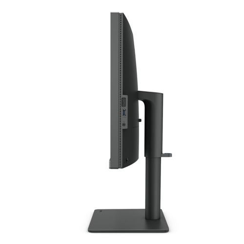 Side view of a black monitor with ports on the side and a stand.