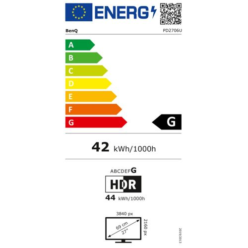 Energy label for BenQ PD2706U monitor. Energy efficiency class G, 42 kWh/1000h.