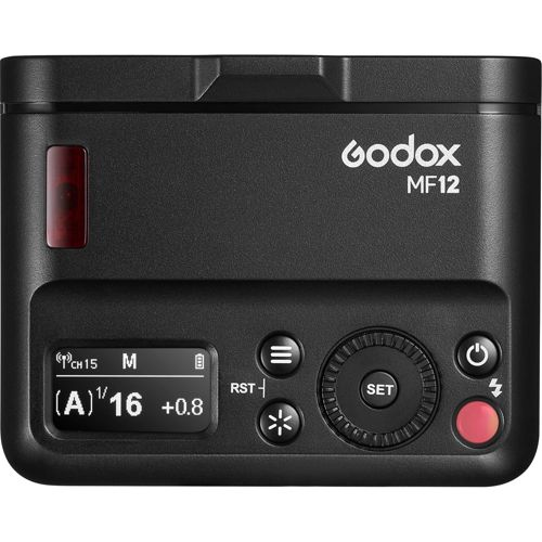 Schwarzes Godox MF12 Blitzgerät mit LCD-Display und Bedienelementen.