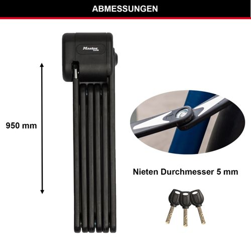 Schwarzer Faltschloss, 950mm lang, mit 3 Schlüsseln und Befestigung am Fahrrad.