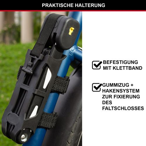 Schwarzes Faltschloss mit Klett- und Hakensystem an blauem Fahrradrahmen.